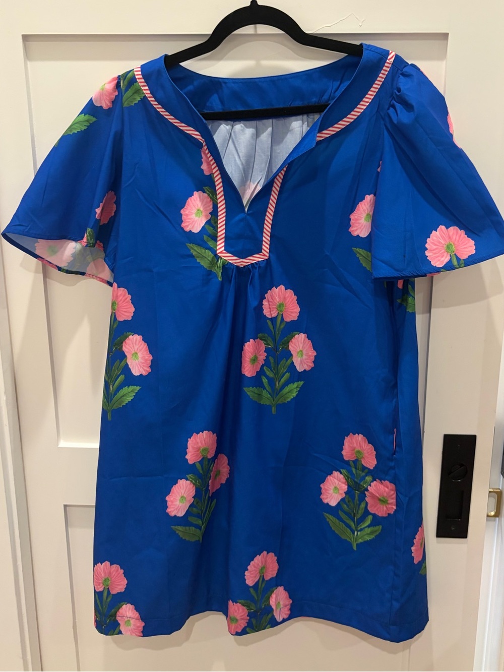 Blue Floral Mini Dress with Pink Bloom Print